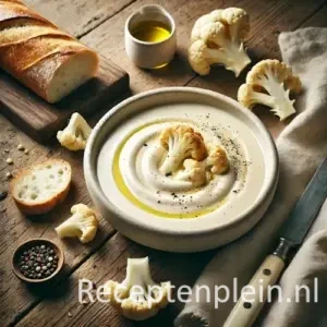 Hyper-realistische foodfoto van romige bloemkoolsoep in een ondiepe keramische kom op een rustieke houten tafel. De soep is glad en licht ivoorkleurig met een swirl van room, geroosterde bloemkoolroosjes, zwarte peper en een drizzle olijfolie bovenop. Rondom liggen stukken stokbrood, rauwe bloemkool, een linnen doek en een keukenmes, warm natuurlijk belicht in een sfeervolle, ambachtelijke setting.