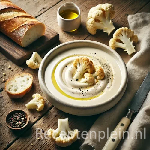 Hyper-realistische foodfoto van romige bloemkoolsoep in een ondiepe keramische kom op een rustieke houten tafel. De soep is glad en licht ivoorkleurig met een swirl van room, geroosterde bloemkoolroosjes, zwarte peper en een drizzle olijfolie bovenop. Rondom liggen stukken stokbrood, rauwe bloemkool, een linnen doek en een keukenmes, warm natuurlijk belicht in een sfeervolle, ambachtelijke setting.