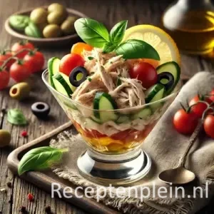 Cocktail de poulet à la Sicilienne met frisse ingrediënten op rustieke houten tafel
