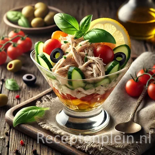 Cocktail de poulet à la Sicilienne met frisse ingrediënten op rustieke houten tafel