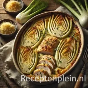 Gegratineerde uiensoep met gesmolten kaas en stokbrood in een keramische kom op rustieke houten tafel.
