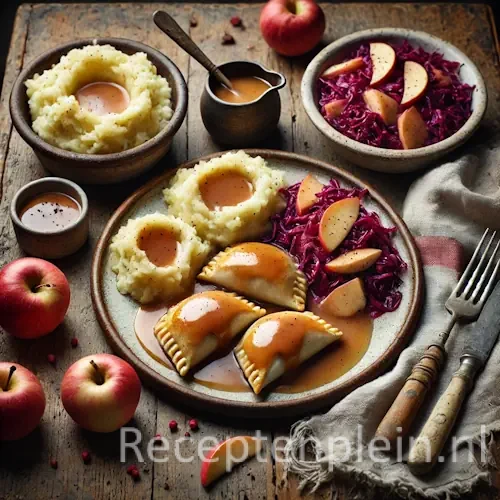 Kippakketjes met puree en rode kool on rustic wooden table