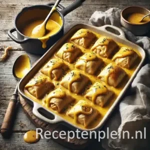 Kippakketjes met romige kerriesaus on rustic wooden table
