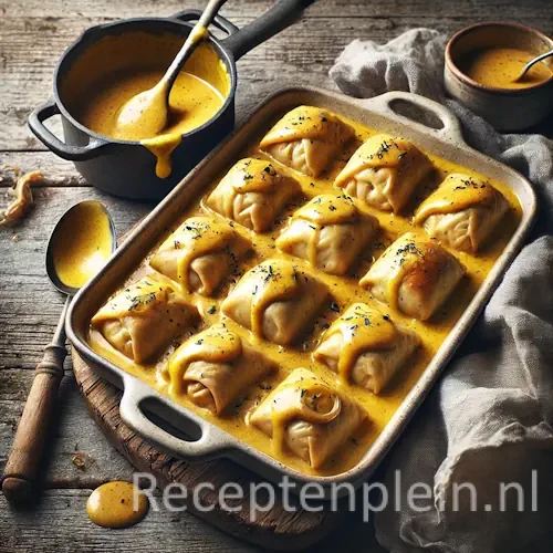 Kippakketjes met romige kerriesaus on rustic wooden table