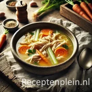 Kippensoep van onbekende auteur op rustieke houten tafel