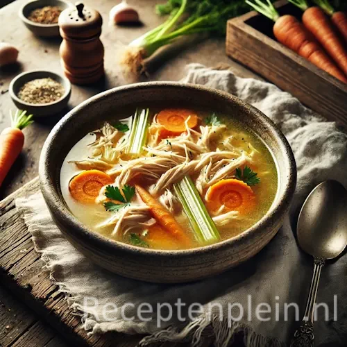 Kippensoep van onbekende auteur op rustieke houten tafel