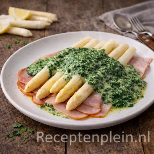 Asperges à la Florentine op rustieke houten tafel