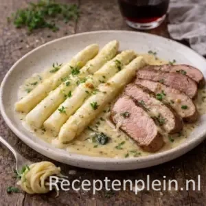 Asperges met lamsrugfilet op een rustieke houten tafel.