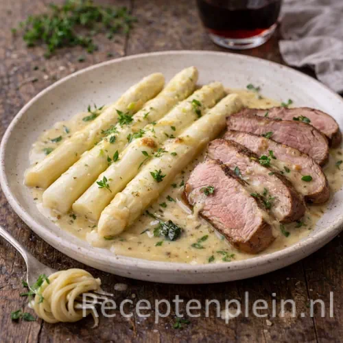Asperges met lamsrugfilet op een rustieke houten tafel.