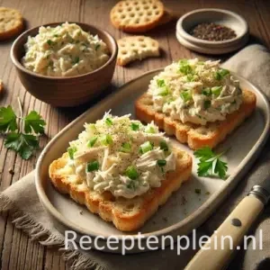 Hyper-realistische foodfoto van twee ronde beschuitjes rijkelijk belegd met romige kippensla van malse stukjes kip, fijngehakte kruiden en lichte mayonaisedressing, bestrooid met zwarte peper. De beschuitjes liggen op een eenvoudige keramische schaal op een rustieke houten tafel, omringd door een kommetje extra kippensla, verse peterselie, peperkorrels en een linnen servet, warm belicht met natuurlijk ochtendlicht in premium foodmagazine stijl.