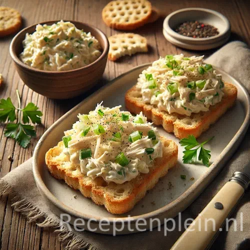 Hyper-realistische foodfoto van twee ronde beschuitjes rijkelijk belegd met romige kippensla van malse stukjes kip, fijngehakte kruiden en lichte mayonaisedressing, bestrooid met zwarte peper. De beschuitjes liggen op een eenvoudige keramische schaal op een rustieke houten tafel, omringd door een kommetje extra kippensla, verse peterselie, peperkorrels en een linnen servet, warm belicht met natuurlijk ochtendlicht in premium foodmagazine stijl.