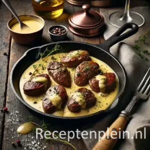 foies de volaille bearnaise op rustieke houten tafel met saus en kruiden