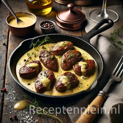 foies de volaille bearnaise op rustieke houten tafel met saus en kruiden