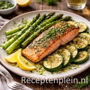 Gegrilde zalmfilet met groene asperges en courgette op rustieke houten tafel