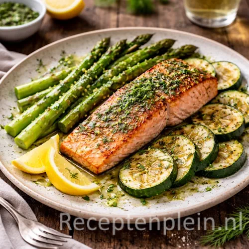 Gegrilde zalmfilet met groene asperges en courgette op rustieke houten tafel