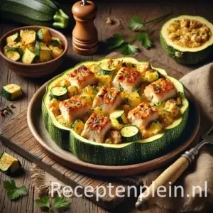 Gevulde courgette met kipfiletblokjes op rustieke houten tafel