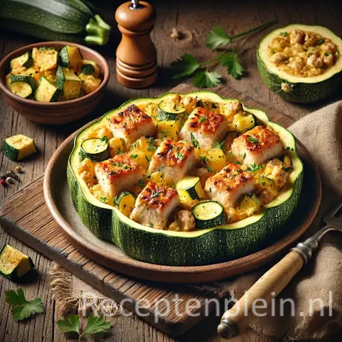 Gevulde courgette met kipfiletblokjes op rustieke houten tafel