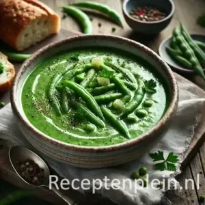 Groene-bonensoep op rustieke houten tafel