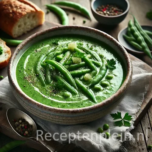 Groene-bonensoep op rustieke houten tafel