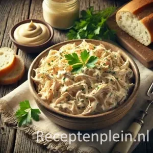Kipsalade met mayonaise op een rustieke houten tafel