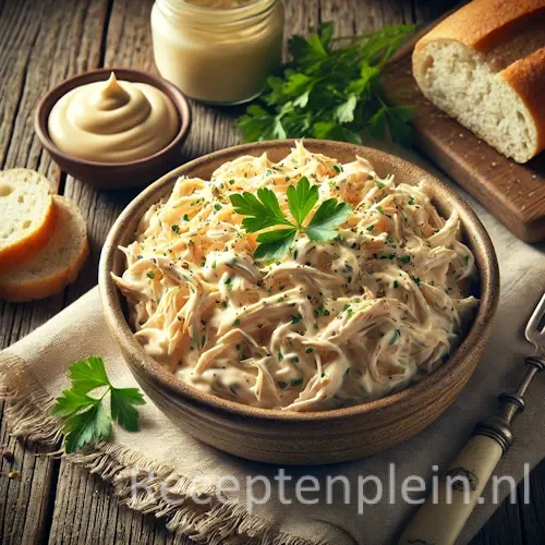 Kipsalade met mayonaise op een rustieke houten tafel