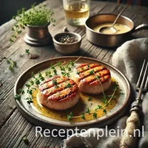 Kipmedaillons op een rustieke houten tafel