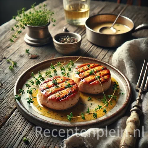 Kipmedaillons op een rustieke houten tafel