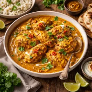 Poulet à l'Indienne op rustieke houten tafel