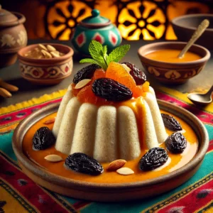 Romige griesmeelpudding, elegant gevormd en geserveerd op een rustiek keramisch bord, gegarneerd met goudbruine geroosterde amandelen. De pudding wordt begeleid door een rijke pruimen-sinaasappelsaus, subtiel gedrapeerd rond het gerecht en afgewerkt met verse muntblaadjes. De warme achtergrond straalt een uitnodigende sfeer uit met levendige kleuren en subtiele decoratieve patronen. 🍮🍊🌿✨