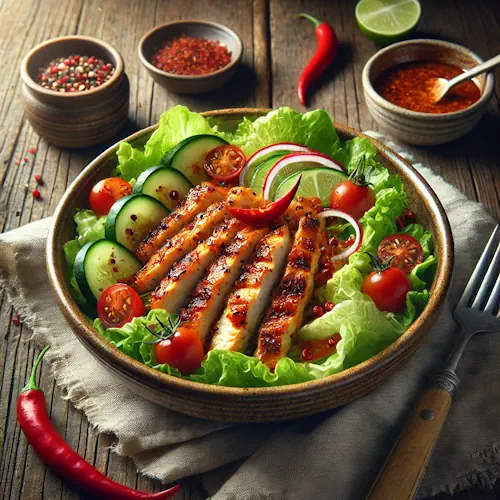 Salade met pittige kip op rustieke houten tafel