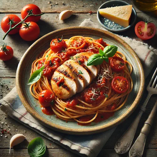 Spaghetti met tomatensaus en gegrilde kip op rustieke houten tafel