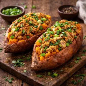 Zoete aardappel met kip op rustieke houten tafel