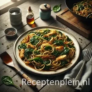 Realistische foodfoto van Ajam mie met spinazie geserveerd op een licht verweerde keramische plaat op een rustieke houten tafel. Donkere eiermie is gemengd met in reepjes gesneden kipfilet, geslonken spinazie en een bruine ajam smoor-saus met ketjap manis die deels in de noedels is getrokken. Op de achtergrond staat een wok met houten spatel en een geopend potje boemboe. Enkele losse noedels en spinazieblaadjes liggen op tafel, gefotografeerd in natuurlijk daglicht met een huiselijke, niet-gestileerde uitstraling.