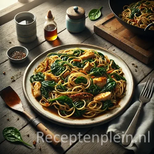 Realistische foodfoto van Ajam mie met spinazie geserveerd op een licht verweerde keramische plaat op een rustieke houten tafel. Donkere eiermie is gemengd met in reepjes gesneden kipfilet, geslonken spinazie en een bruine ajam smoor-saus met ketjap manis die deels in de noedels is getrokken. Op de achtergrond staat een wok met houten spatel en een geopend potje boemboe. Enkele losse noedels en spinazieblaadjes liggen op tafel, gefotografeerd in natuurlijk daglicht met een huiselijke, niet-gestileerde uitstraling.