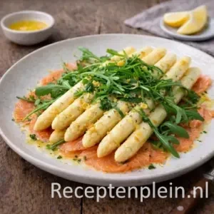 Asperges op zalmcarpaccio on a rustic wooden table.