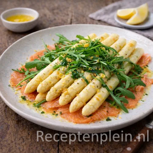 Asperges op zalmcarpaccio on a rustic wooden table.