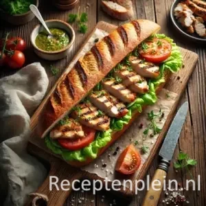 Hyper-realistische foodfoto van een bruin ovenvers stokbrood gevuld met gegrilde kip met duidelijke grillstrepen, sla en tomaat, geserveerd op een houten plank op een rustieke houten tafel met kruiden, mes en linnen doek in warm natuurlijk licht.