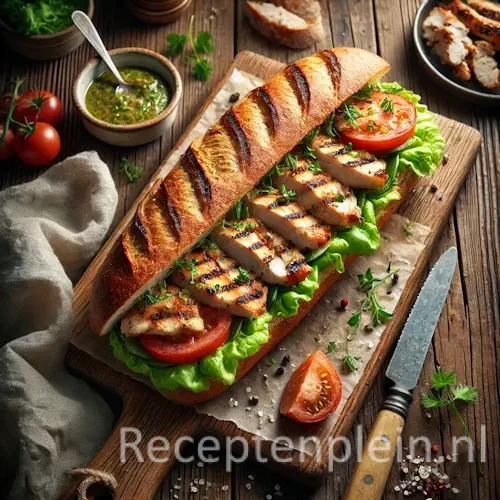 Hyper-realistische foodfoto van een bruin ovenvers stokbrood gevuld met gegrilde kip met duidelijke grillstrepen, sla en tomaat, geserveerd op een houten plank op een rustieke houten tafel met kruiden, mes en linnen doek in warm natuurlijk licht.