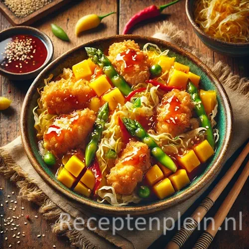 Chinese zoetzuur kip met mango en kool op rustieke houten tafel