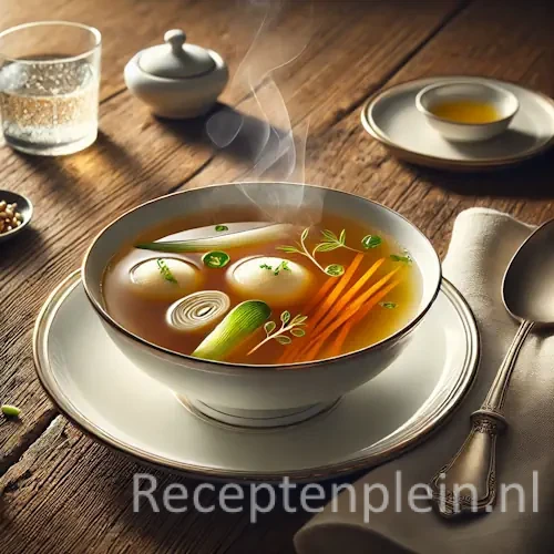 Hyperrealistische foodfoto van Consommé Alexandra in een elegante witte porseleinen soepkom op een schotel, geplaatst op een rustieke houten tafel en licht uitgezoomd zodat het tafelblad zichtbaar is. De heldere amberkleurige bouillon bevat fijne kipquenelles, dunne reepjes wortel en prei, delicate kruidenblaadjes en een lichte glans van geklaarde boter. Naast de kom liggen een zilveren lepel, een linnen servet en een glas bruiswater in warm natuurlijk daglicht met een verfijnde Europese restaurantuitstraling en premium foodmagazine stijl.
