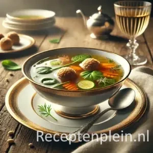 Hyperrealistische foodfoto van Consommé Borghese in een elegante porseleinen soepkom met goudrand op een schotel, geplaatst op een rustieke houten tafel en licht uitgezoomd zodat het tafelblad zichtbaar is. De heldere goudkleurige bouillon bevat kleine gehaktballetjes, fijne reepjes wortel en courgette, spinazieblaadjes en verse kruiden. Naast de kom liggen een zilveren lepel, een linnen servet en een glas witte wijn in warm natuurlijk licht met een verfijnde Italiaanse trattoria-uitstraling en premium foodmagazine stijl.