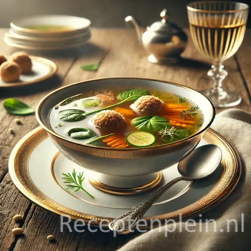 Hyperrealistische foodfoto van Consommé Borghese in een elegante porseleinen soepkom met goudrand op een schotel, geplaatst op een rustieke houten tafel en licht uitgezoomd zodat het tafelblad zichtbaar is. De heldere goudkleurige bouillon bevat kleine gehaktballetjes, fijne reepjes wortel en courgette, spinazieblaadjes en verse kruiden. Naast de kom liggen een zilveren lepel, een linnen servet en een glas witte wijn in warm natuurlijk licht met een verfijnde Italiaanse trattoria-uitstraling en premium foodmagazine stijl.
