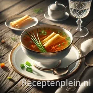 Hyperrealistische foodfoto van Consommé Célèstine geserveerd in een elegante witte porseleinen kom op een schotel, geplaatst op een rustieke houten tafel en licht uitgezoomd zodat het tafelblad zichtbaar is. De heldere amberkleurige bouillon bevat fijne opgerolde crêpestrepen, bieslook en kleine blokjes wortel. Naast de kom liggen een zilveren lepel, een linnen servet, een bordje met extra crêpes en een glas witte wijn in warm natuurlijk licht met een klassieke Franse bistro-uitstraling en premium foodmagazine stijl.
