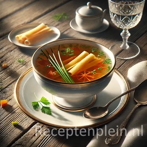 Hyperrealistische foodfoto van Consommé Célèstine geserveerd in een elegante witte porseleinen kom op een schotel, geplaatst op een rustieke houten tafel en licht uitgezoomd zodat het tafelblad zichtbaar is. De heldere amberkleurige bouillon bevat fijne opgerolde crêpestrepen, bieslook en kleine blokjes wortel. Naast de kom liggen een zilveren lepel, een linnen servet, een bordje met extra crêpes en een glas witte wijn in warm natuurlijk licht met een klassieke Franse bistro-uitstraling en premium foodmagazine stijl.