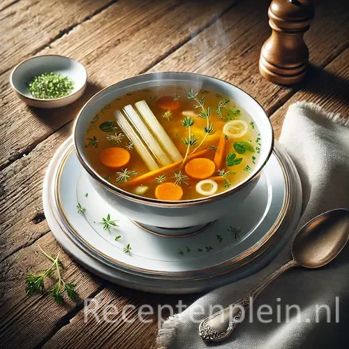 Hyperrealistische foodfoto van een heldere goudkleurige consommé Elysée geserveerd in een wit porseleinen soepbord met onderbord op een rustieke houten tafel. In de transparante bouillon drijven fijne julienne van wortel, prei en selderij, kleine blokjes kip en verse kruiden. Er stijgt lichte stoom op uit de soep. Naast het bord liggen een zilveren soeplepel en een linnen servet in warm natuurlijk daglicht met zachte reflecties in de bouillon.