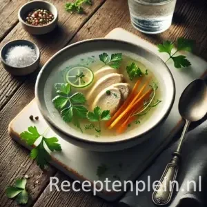Consommé Hélène heldere Franse bouillon met aspergepuntjes in een kom op rustieke houten tafel