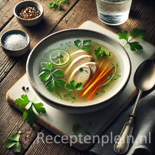 Consommé Hélène heldere Franse bouillon met aspergepuntjes in een kom op rustieke houten tafel
