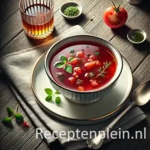 Hyperrealistische foodfoto van Consommé Madrilène in een elegante porseleinen soepkom op een schotel, geplaatst op een rustieke houten tafel en licht uitgezoomd zodat het tafelblad zichtbaar is. De kristalheldere dieprode tomatenconsommé is gegarneerd met fijne blokjes tomaat, komkommer en groene kruiden. Naast de kom liggen een zilveren lepel, een linnen servet en verse tomaten op tafel in warm natuurlijk daglicht met een verfijnde Europese restaurantuitstraling en premium foodmagazine stijl.