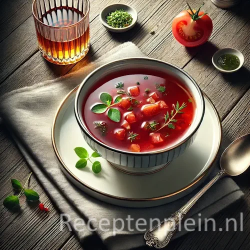 Hyperrealistische foodfoto van Consommé Madrilène in een elegante porseleinen soepkom op een schotel, geplaatst op een rustieke houten tafel en licht uitgezoomd zodat het tafelblad zichtbaar is. De kristalheldere dieprode tomatenconsommé is gegarneerd met fijne blokjes tomaat, komkommer en groene kruiden. Naast de kom liggen een zilveren lepel, een linnen servet en verse tomaten op tafel in warm natuurlijk daglicht met een verfijnde Europese restaurantuitstraling en premium foodmagazine stijl.