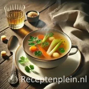 Hyperrealistische foodfoto van Consommé Mireille in een elegante ivoorkleurige porseleinen soepkom op een schotel, geplaatst op een rustieke houten tafel en licht uitgezoomd zodat het tafelblad zichtbaar is. De heldere goudkleurige bouillon bevat fijne groenteblokjes van wortel, prei en selderij, kleine kruidige griesmeelknoedels en verse kervelblaadjes. Naast de kom liggen een zilveren lepel, een linnen servet en een glas witte wijn in zacht warm natuurlijk daglicht met een verfijnde Franse restaurantuitstraling en premium foodmagazine stijl.